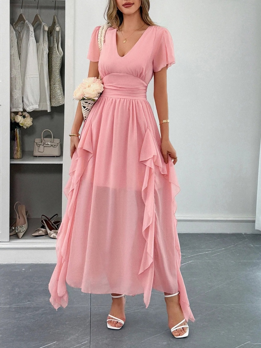 Romantic Pink V-Neck Ruffle Maxi Dress
